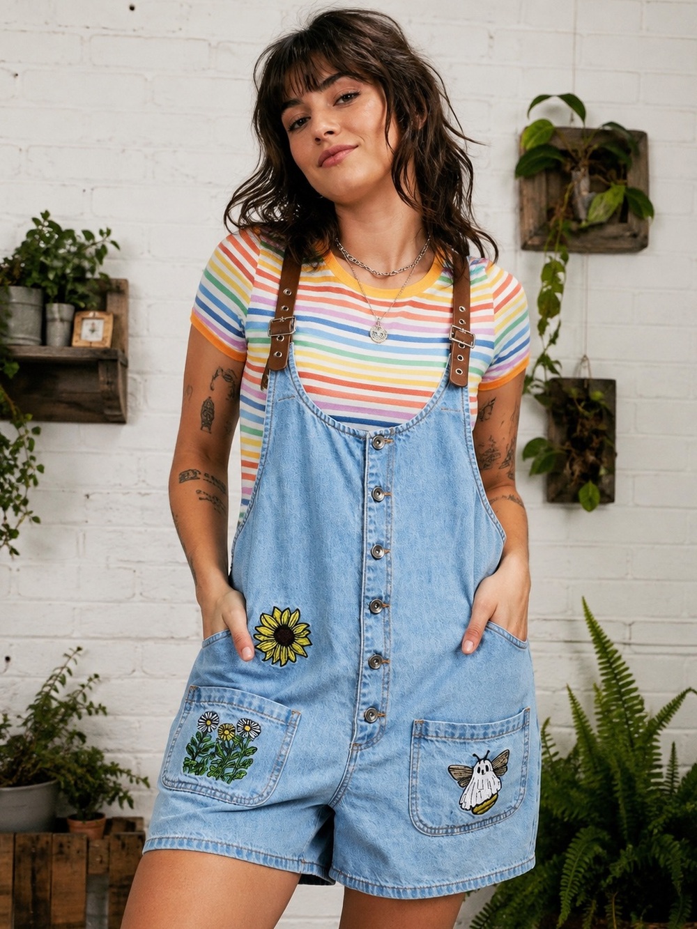 HOT TOPIC Ghost Bee & Flowers Embroidered Shortalls EUC